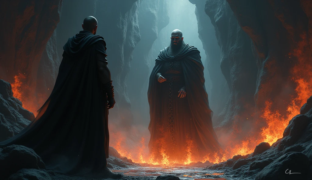 Theron is surrounded by shadows. He watches in horror as a soul is unfairly judged and dragged into the depths of Tartarus by black, flaming chains, while Hades watches impassively.