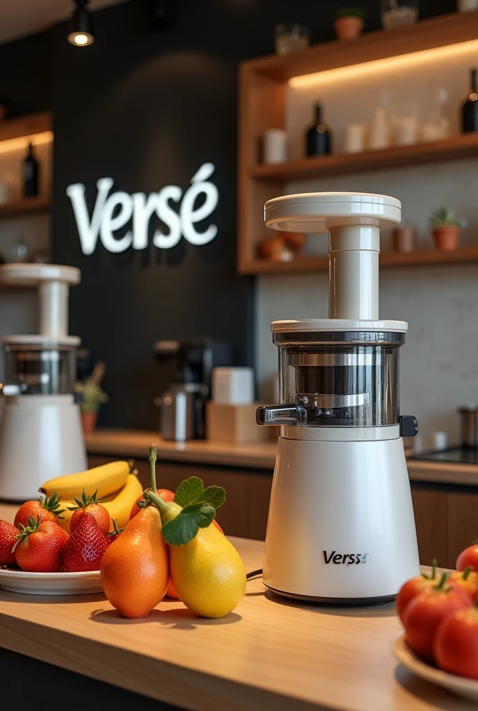 An appliance from the brand Verse Visible, it&#39;s a fruit juicer, he is on top of a restaurant counter and focusing on him, at the back of the restaurant wall it says VERSE and at the front there is a medium 40 sign% discount on sales, now another model of fruit juicer and in white with a medium discount plate of 30%