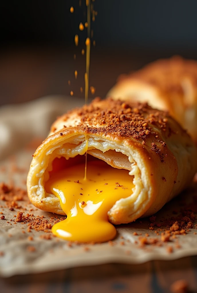 A asado empanada with cheesey and spicy melting outside 
