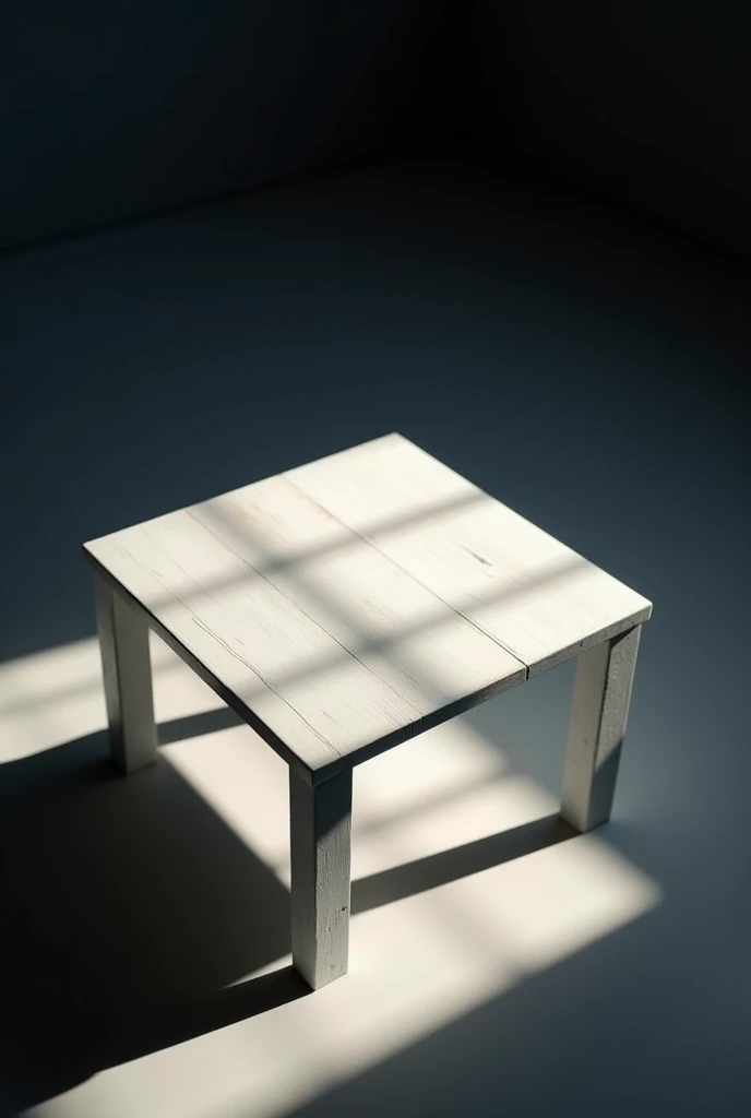 white wooden table, dramatic atmosphere, with shadows, diagonal view above