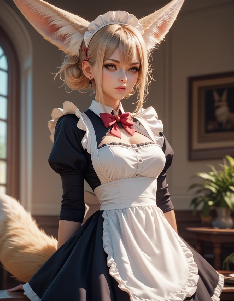 masterpiece、 Highest quality, Highly detailed、8k、 High resolution, Fantasy、One Woman、Fennec ears、Fennec fox tail、Maid clothes、