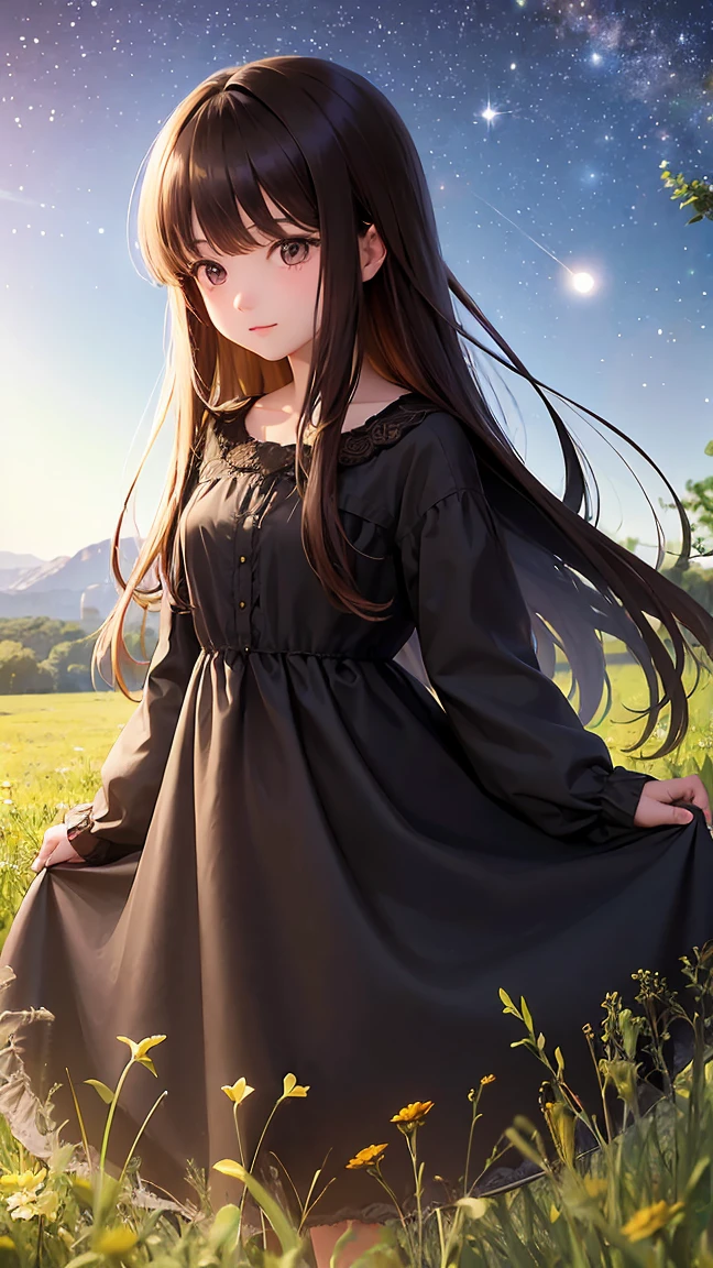 A girl on a meadow,Brown and black medium hair,Many stars shining in the wide sky,Shining Star,milky way,full moon,I look up and see,Wildflowers are in full bloom,Pure World,masterpiece,Highest quality,最高masterpiece,Detailed anime art,Digital Art,