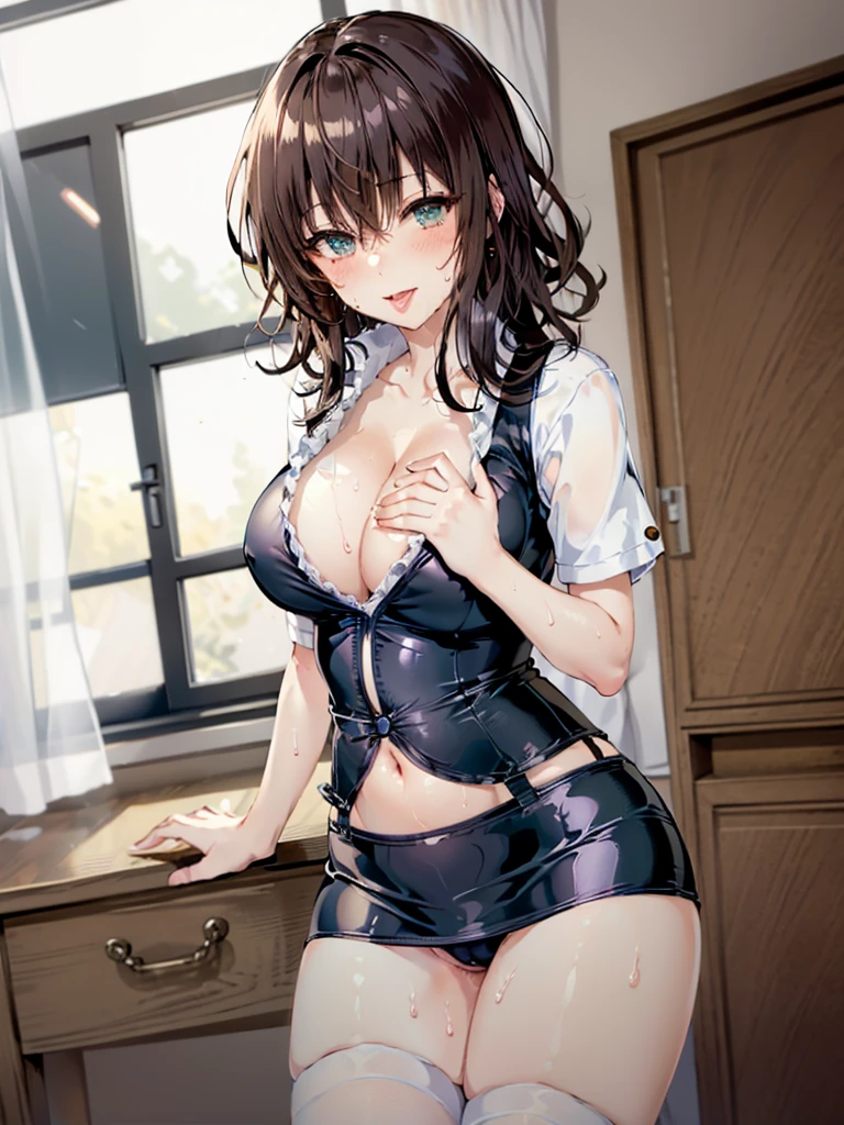 ((Highest quality)), ((masterpiece)), (detailed), One person,Age 25,Race Queen,(Black mini skirt),(Blue tops),(Shirt buttons open),Belly button exposed,Big Breasts,blush,Underbust,(Her cleavage is visible),(Excited expression),(Seduce),night,circuit,Dim lighting,(暗いnightの背景),(Dimly lit changing room),(Messy changing room),Browsing Caution,sexy,(Alone with a man),(Bury your face in the crotch of a man),(Crouch in front of the man),(Side angle),Sweat,(Black garter belt),(Move your tongue up and down),