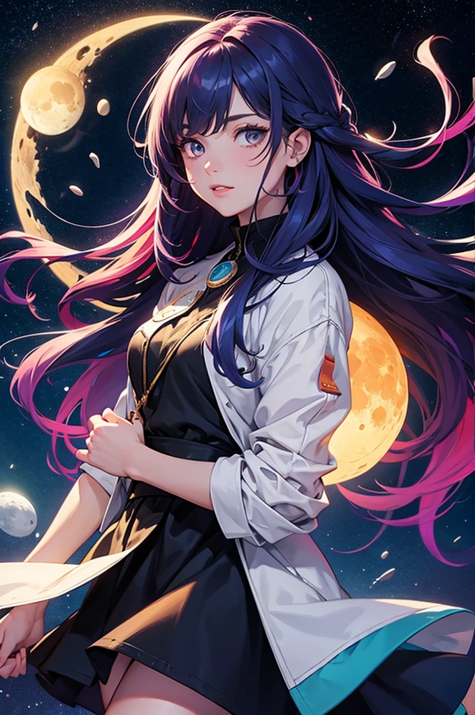 Girl with long and colorful hair, upper body, holding the moon, space