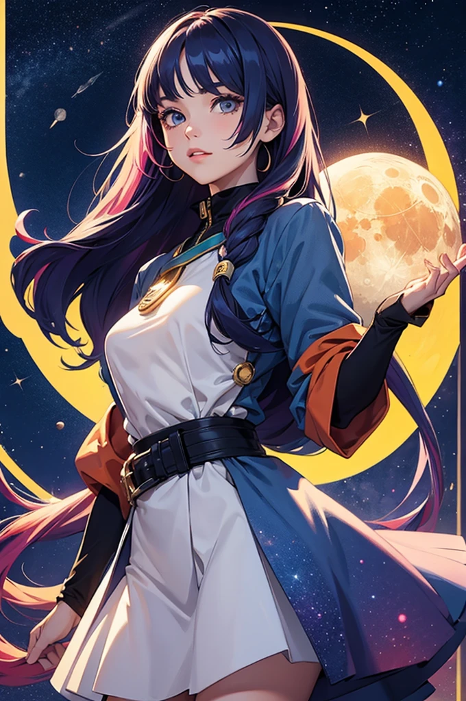 Girl with long and colorful hair, upper body, holding the moon, space