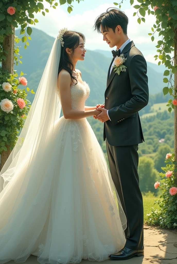 Japanese woman and Irish man getting married, the Irish man wears a hazmat tuxedo and the Japanese woman wears a sleeveless white ballgown and veil
