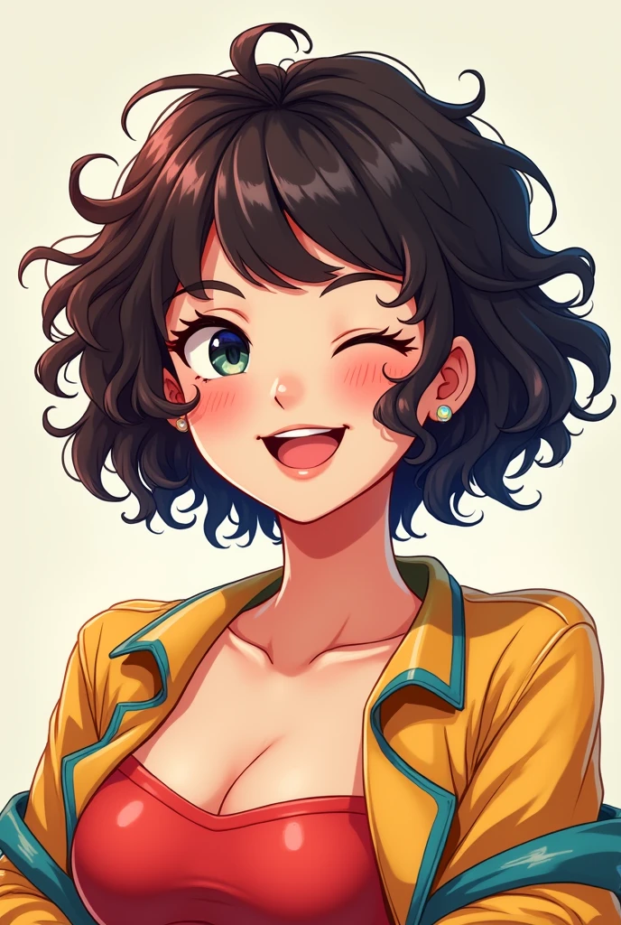 chubby girl, the body is seen. gorda, with short curly hair, smiling, few and pretty face, cheerful and colorful clothes (anime manga style)