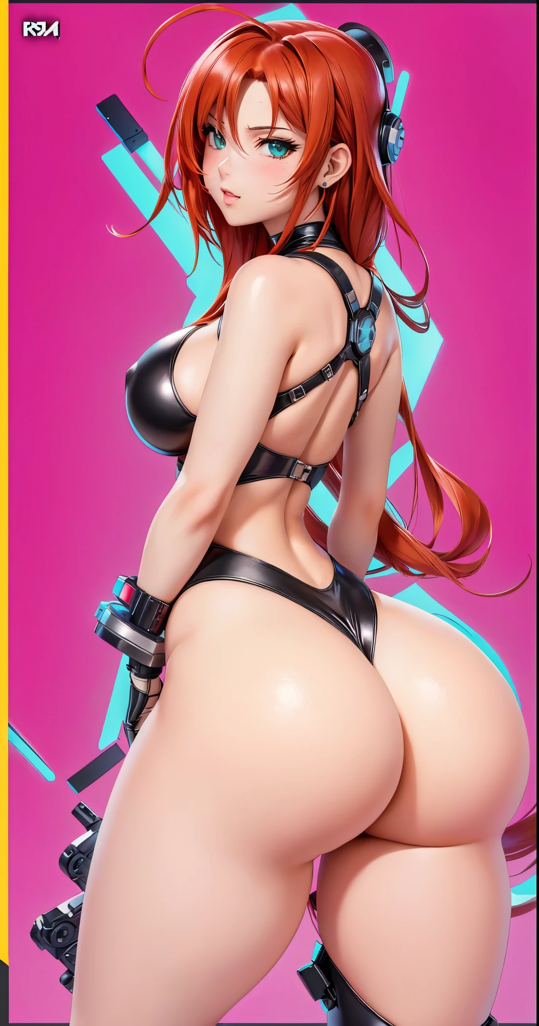 anime girl with a big ass in a black leather outfit, cutesexyrobutts, oppai cyberpunk, thicc, 2b, 2 b, oppai, anya from spy x family, biomechanical oppai, makoto, commission for high res, oc commission, tifa lockhart, oppai proportions, tifa, tracer in a skintight dress,leg up,red hair,one leg forward ,super thick ass