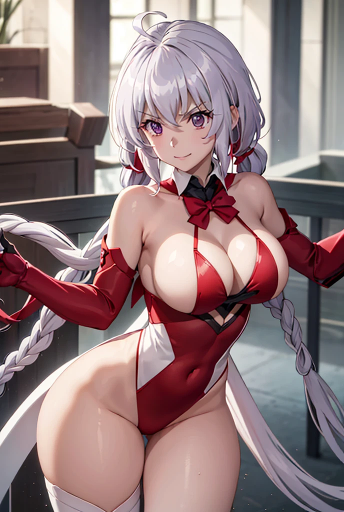 ((masterpiece)), ((Best quality)), (high resolution), (illustration), (an extremely delicate and beautiful), (ultra detailed beautiful face and eyes), nsfw,   1girl, leaning forward,  YukineChris, long hair, purple eyes, twintails, low twintails, ahoge, large breasts,  fishnet pantyhose, red a bow tie,  volumetric lightning, 
detailed skin texture, detailed, volumetric shadow, anime screencap,Highest quality, Sorceress, ancient babylonian nobility, ((tan skin:1.2)), (brown skin color),Long hair, twin braids, hair ornament, wine colored hair, smile, Below average size breasts, bare shoulders, (underboob:0,Red leotard)clothes get torn、frontを向いて腕を組む、Wide-open legs、Standing with your legs apart、front、Leg spread、Groin、Elevate your legs、Knight uniform、Two Piece、Yukine Chris、Symphogear、clothing_tear、clothing_Destruction 8K, masterpiece, Best_quality, high_resolution, ultra_details, detailed, 1girl, 独奏, looking_at_viewer, upper_body, braid, blurry, bangs, white_hair, blurry_background, collared_shirt, church, red_dress、hair_ribbon, hair_between_eyes, outdoor、sidelocks,depth_of_field,light_particles,sunshine,snow,temple knight、french_braid, Alphonse Mucha Style, sharp focus, perfect hands, perfect face, perfect eyes, perfect light, dynamic light, natural light, Masterpiece, Best quality, 