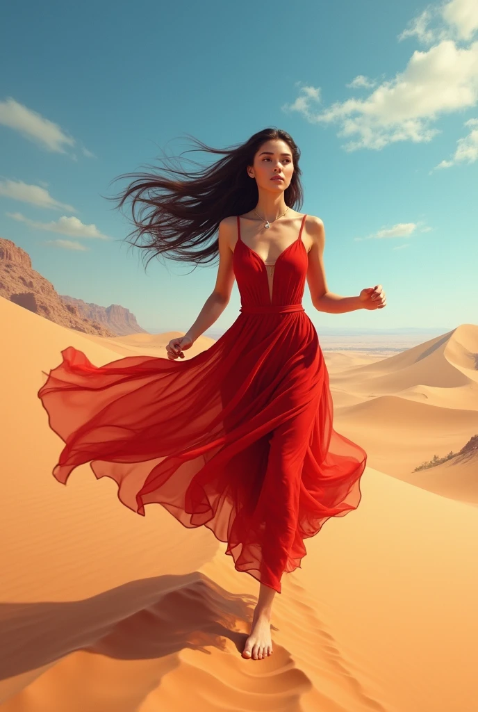 A brunette woman, Long, wavy hair, running in the sahara desert, wearing a flowing red dress