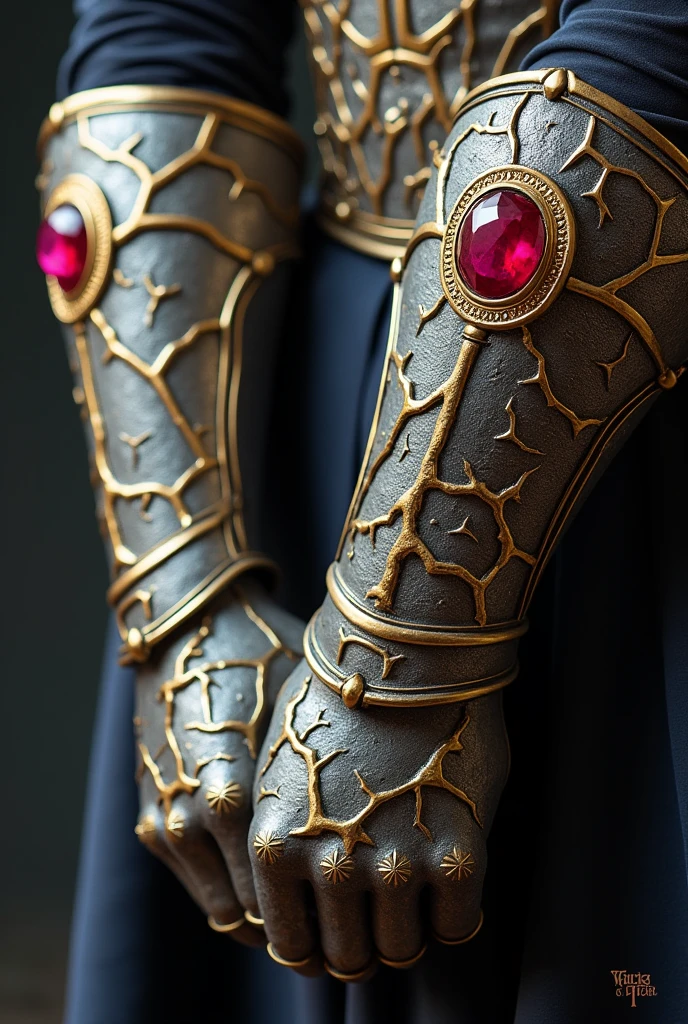 Silver Vambrace Bracelets with golden crack designs and small red rubys in the middle of the Vambraces