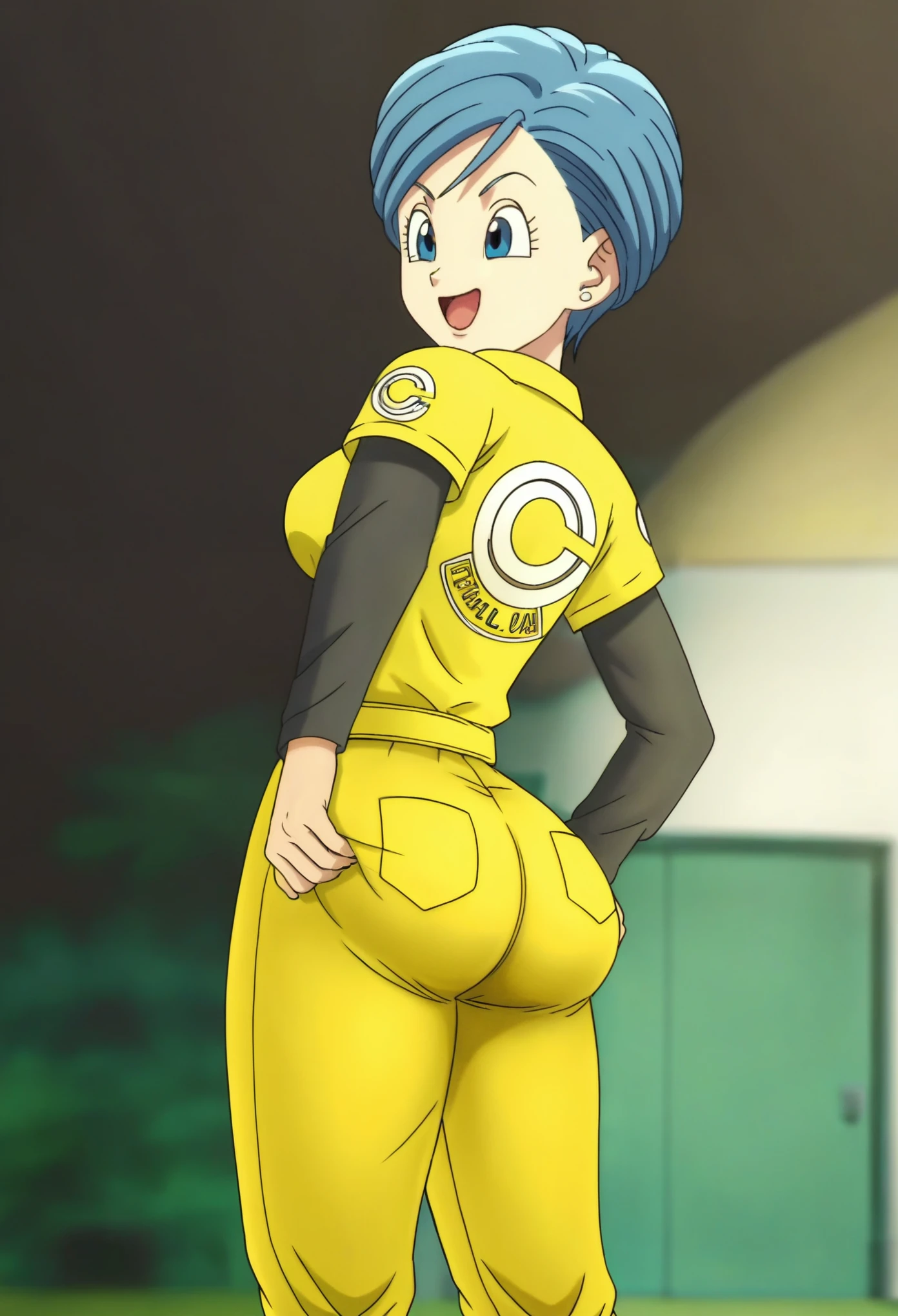 source_anime, score_9, score_8_up, score_7_up, anime screencap,8k, absurd res, 
bulma, 1girl, solo, breasts, smile, short hair, open mouth, blue eyes, jewelry, blue hair, earrings, cowboy shot, belt, hand on own ass, looking at ass, yellow jumpsuit, black undershirt, short over long sleeves, layered sleeves, ((big ass))
 