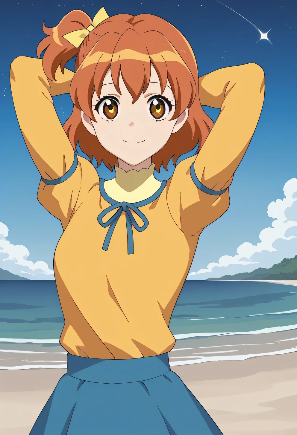 yamabuki inori, orange hair, brown eyes, medium hair, one side up, yellow ribbon, hair ribbon, yellow shirt, puffy sleeves, long sleeves, neck ribbon, blue skirt, shiny skin, looking at viewer, high quality, closed mouth, looking at viewer, smile, showing armpit, looking at viewer, solo, contrapposto, spread armpit, arms behind head, smile, looking at viewer, (cowboy shot:1.5), closed mouth, night sky, beach, best quality,