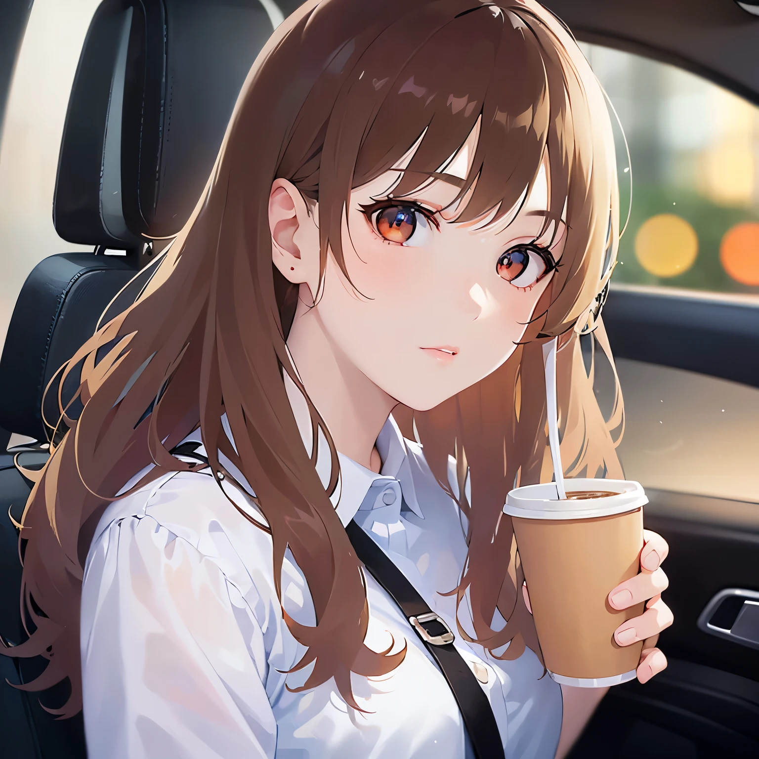 (looking at viewer:1.5),Upper Body, Side shot、holding a coffee cup、
 Realistic, real person, (pale skin: 1.2), RAW photo, photorealistic, shiny skin, shiny hair、
(A 2 woman with medium-length hair and bangs) and (wavy hair) and (brown hair) and (orange eyes) ,
（white collared shirts）
Serious,
Passenger seat of a car、（alone:1.5）