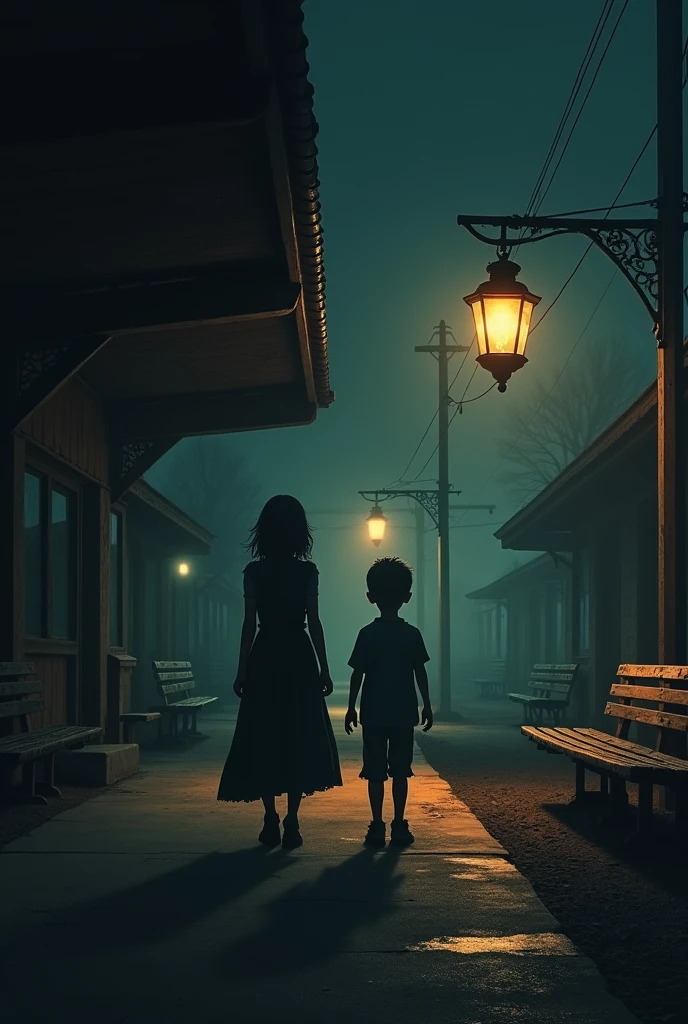A dark, eerie, and deserted railway platform at night. The platform should be dimly lit, with an old-fashioned lantern providing a soft, yellowish glow. A horror Girl and one boy walking