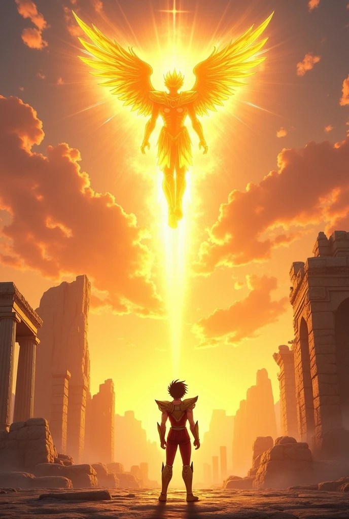 adolescente com uma roupa vermelha e branca, Cavaleiros do Zodíaco, unreal motor render São Seiya, arte oficial, joseph joestar, Arte da sede, arte oficial do anime, Akira Toriyama, Obra-prima do anime, Deus grego no estilo mecha, Parte Brando, capa de filme. A scene at sunset with a sky in shades of orange, purple, and gold. Seiya, wearing his Pegasus armor, stands in a questioning pose, facing Apollo, who hovers slightly above the ground, radiating a golden aura. Apollo's expression is enigmatic, with glowing golden eyes. The background features ruins of Greek temples and celestial pillars, blending with the sky. The atmosphere is serene yet tense, highlighting the philosophical confrontation between the mortal Seiya and the divine Apollo, with the landscape emphasizing their contrasting natures.
