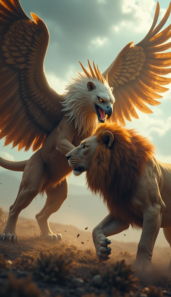 a powerful griffin fighting a fierce lion, extremely detailed, hyper realistic, cinematic lighting, vibrant colors, dynamic action pose, intricate feathers and fur textures, dramatic atmosphere, photorealistic, 8k, best quality, masterpiece