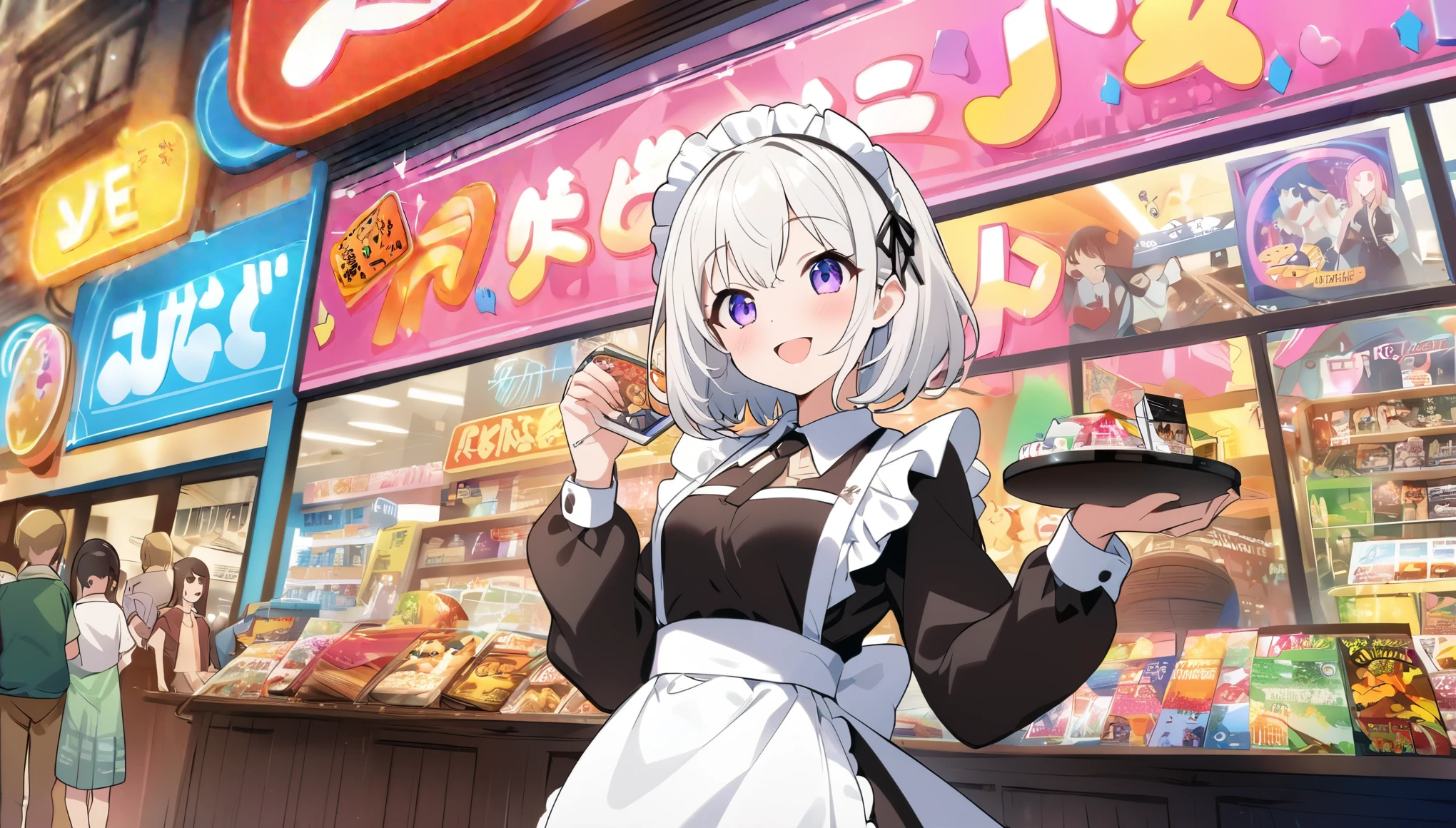 A woman with white hair and cute clothes、First visit to Akihabara。On Electric Town Street、Colorful neon signs sparkle、A store with the latest gadgets and figurines々is standing side by side。From the entrance of the game center、Rhythmic music plays、Huge posters featuring anime and manga characters catch your eye。A maid cafe employee greets customers with a smile、The whole town exudes an otherworldly atmosphere.。The main character as a tourist、While wondering which store to stop at,、Enjoy the excitement of Akihabara。