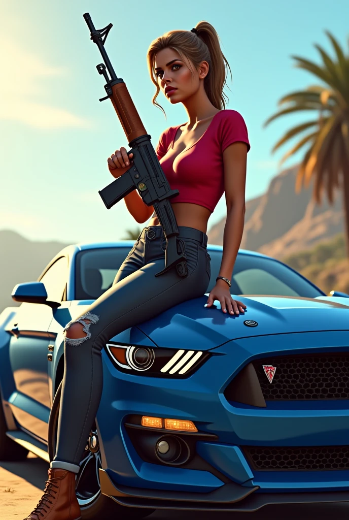 the character Lucia from Grand Theft Auto VI with a rifle in her hand and leaning on the hood of a blue Mustang GT, with only 1 foot supporting it, Sunnyday