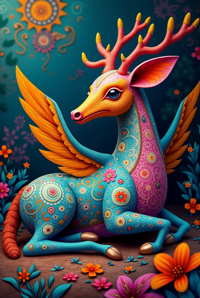 Create an alebrije that has horses as animals, deer and a hummingbird, that is lying down and with its wings down