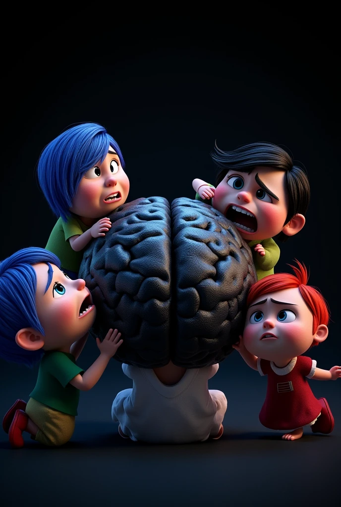 The characters of the film "Inside Out" with a desperate expression, around a black brain right in the center.