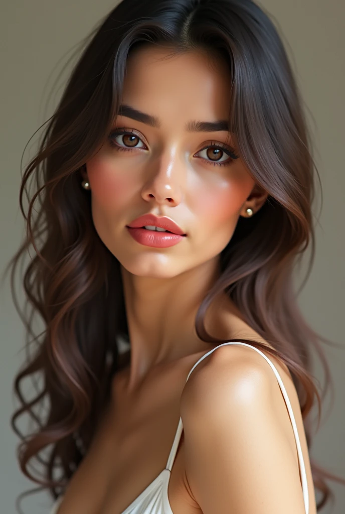 This face has an oval shape, with high, sculpted cheekbones that provide a defined and elegant structure. The skin is not so brown , with a warm and uniform tone, that has a natural and healthy shine. The eyes are large and expressive, with an almond shape that recalls the intensity of Eugenia Cauduro. The eye color is a deep brown, radiating warmth and a penetrating gaze. Eyebrows, slightly arched and well defined, perfectly frame the eyes, adding definition and a touch of sophistication to the face. The nose is fine and well proportioned., A perfect combination between the delicacy of Yadhira Carrillo and the elegance of Eugenia Cauduro. The lips are full and well-defined, with a soft cupid's bow that gives them a sensual and refined look. They are often enhanced with a color that accentuates their natural shape., projecting a combination of freshness and sophistication.