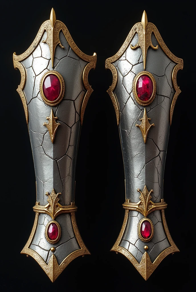 Silver Vambrace Bracelets with golden crack designs and small red rubys in the middle of the Vambraces