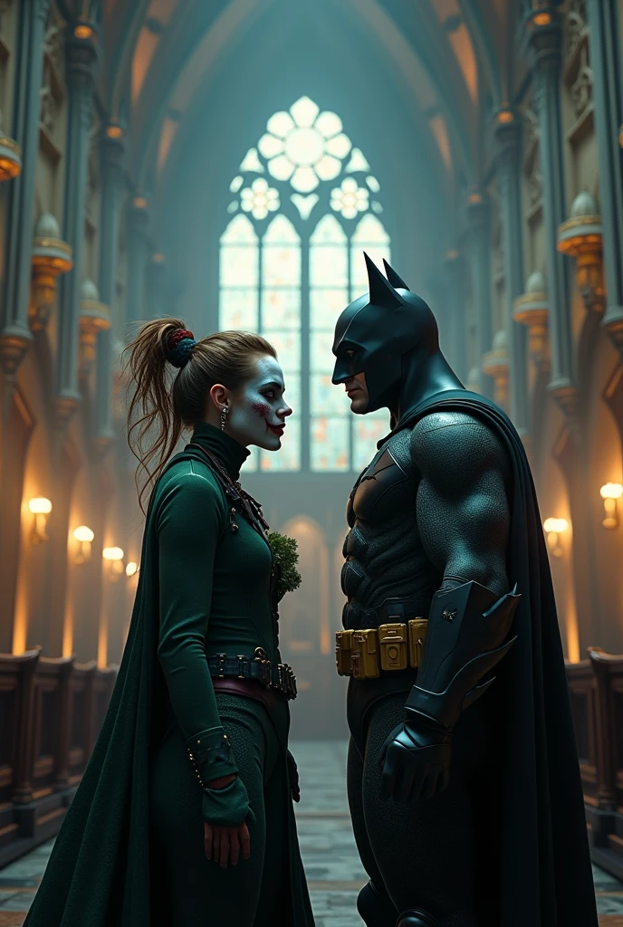 The female version of the Joker is crazy about Batman and Batman is standing next to her in a futuristic medieval gothic style church