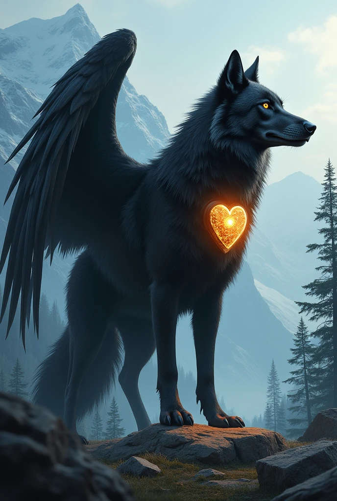 Black Siberian wolf with wings.
 A seal of a small sun on the forehead.
And a heart of glass in the chest.

