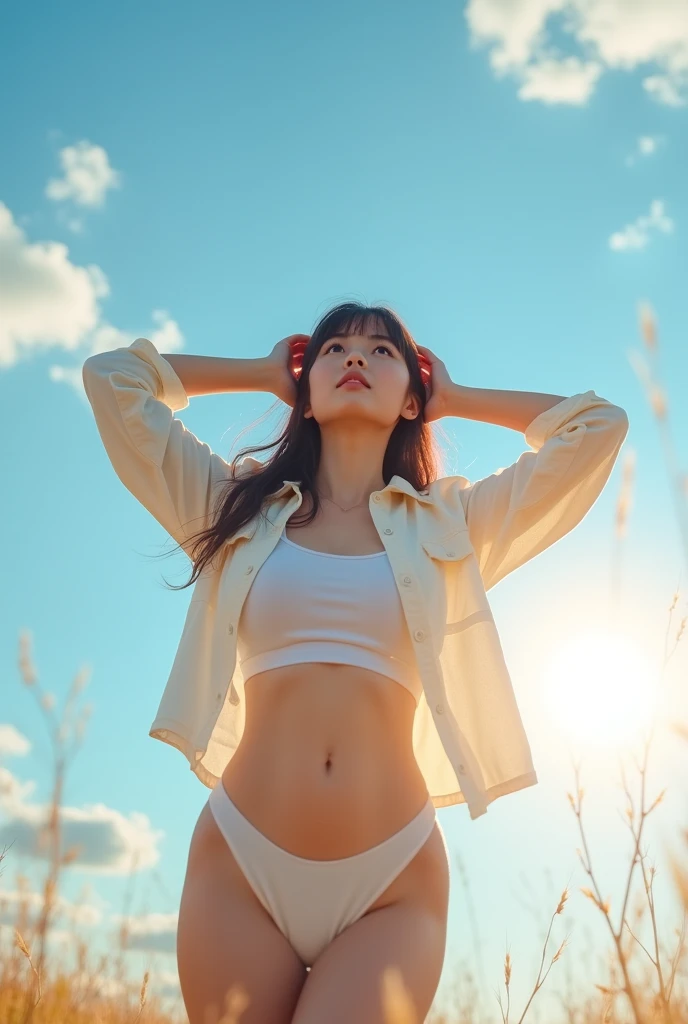 A young cute korean woman with front hair bang and long hair, medium sized body,big bust and boot,wearing a casual shirt, stands outdoors on a sunny day, her arms raised to the sky as she stretches her body. Her eyes are bright and staring the air.The warm sunlight casts a gentle glow, highlighting the subtle curve of her navel and the outline of her underwear beneath the shirt. Clouds drift lazily across the blue sky above,realistic,8k