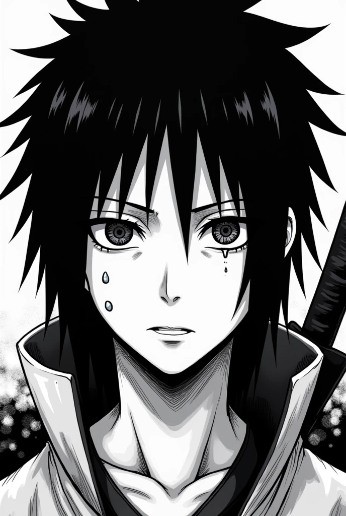 Create in black and white manga style, Itachi Uchiha from Naruto is sad, a tear falling from her face, with the mangekyou sharingan, but without any emotion or expression on his face