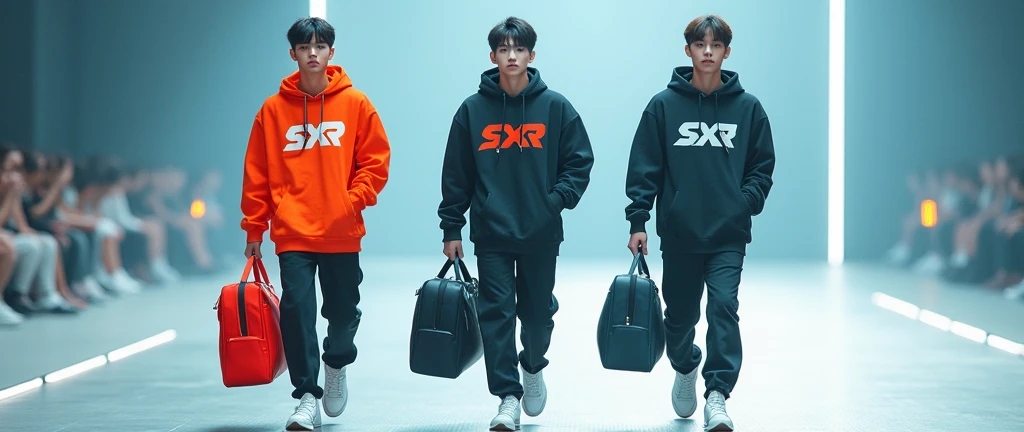 (photorealism:1.2), Three sportwear fashion handsome 18 yrs. old, k pop Asian male model, runway show full body holding sports bag pack, tank top casual wear style, SXR logo design, ultra-detailed, film photography, light leaks, trending on sportwear, sharp focus, studio photo, futuristic details, highly detailed
