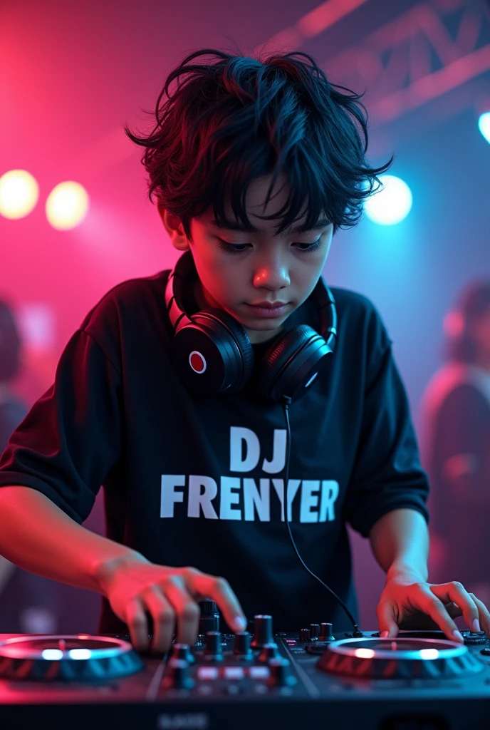 Create a low combed latino boy with black hair mixing like a DJ with a black Nike shirt and black headphones and underneath it has the word DJ FRENYER white skin