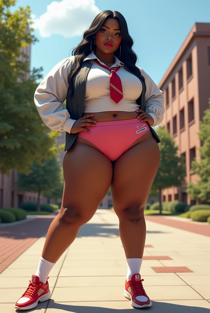 Chubby ebony College girl Roxy st Claire at school, fully body, standing, black hair, legs spread open, Hands on waist, wearing a white blouse with a tie, social vest, Long socks, red Reebok tennis sneakers, pink boxer panties