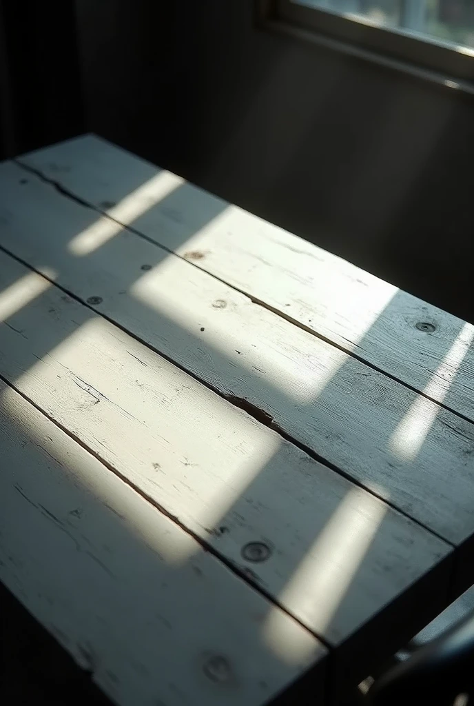 white wooden table, dramatic atmosphere, with shadows, close up diagonal view above