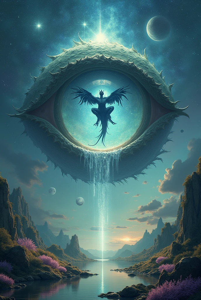 an eye，The flying dragon flies out from the pupil of the eyeball, Immerse yourself in this fascinating meditation experience, The Serenity of the Jedi Mirrors the Serenity of Alien Worlds. This video invites you to explore the deep connection between the Force and the cosmic wonders of an unknown planet, Provide a unique、Immersive Meditation Journey."