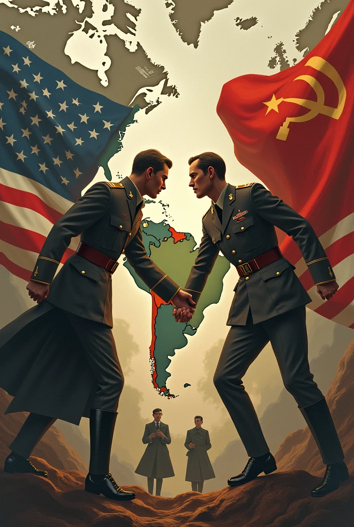 Create an image where on one side there is the United States, on the other side the USSR and in the middle Latin America being disputed by two countries.