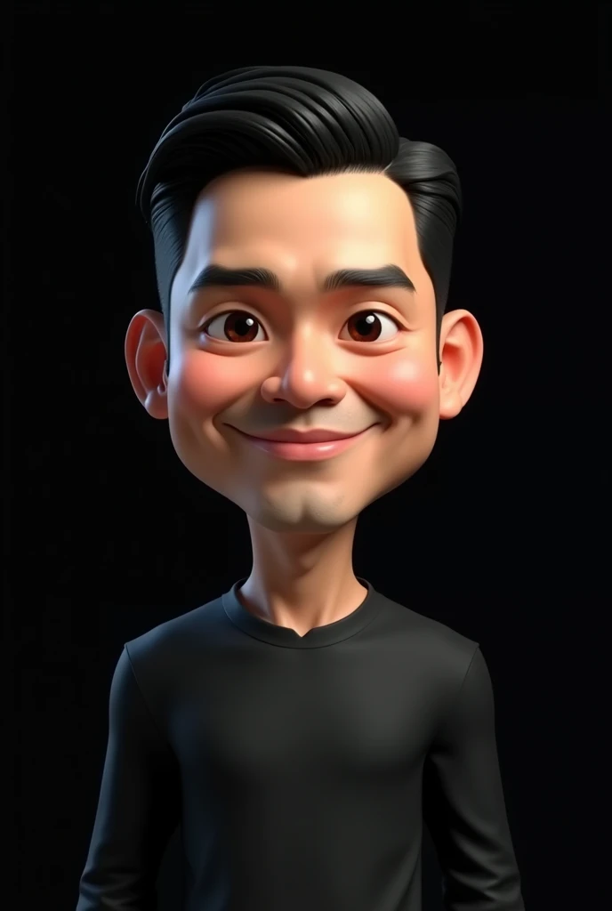 Realistic 3d caricature. Big head. A 2 Indonesian man. Slightly tall, slightly round face shape. Oval chin, handsome, slightly round eyes, white skin, faint smile. Black hair with undercut slick back style. Wearing a black long-sleeved shirt. Body position is clearly visible. Black background. Use soft photography lighting with hair lights, edge lights, and top lights. Photos with very high detail