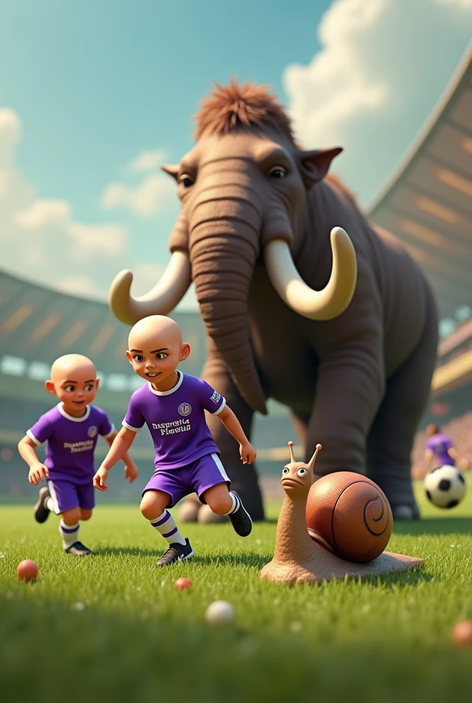 a bald, a snail, and a mammoth in purple soccer jerseys playing soccer