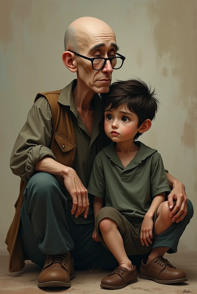 Bald thin man with glasses white skin color sitting with a  boy white skin color big black eyes brown hair sitting