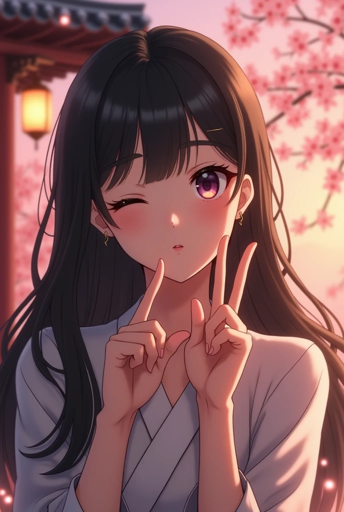 An 8K high-definition cinematic rendering of a romantic anime-style medium scene of a beautiful Korean girl with long, dark hair, she is wearing a playful expression, making the peace sign with her fingers, blowing a kiss and winking one eye in a charming gesture, the scenery is romantic and dreamy, with subtle symbols of Korean culture, such as a soft representation of the roof of a traditional Korean palace, cherry blossoms and soft lanterns. The background is blurred and contains a soft representation of the roof of a traditional Korean palace, cherry blossoms and soft lantern lights. Alta resolução, Obra-prima, Melhor qualidade, Detalhe, Modelo HD, Detalhes altos, Alta qualidade, Qualidade, Super detalhe, Ultra HD, Ukiyo-e, Renderização 3D, Cartaz de propaganda americana, Estilo anime, Art Nouveau, Cinematográfico, Cinematografia, Hiperdetalhado, Hiper-realismo, Realismo, 