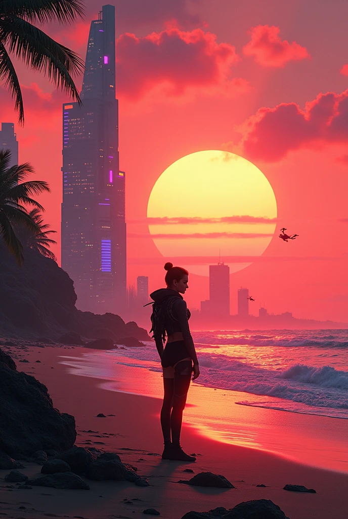 a cyberpunk themed beach, with sunset