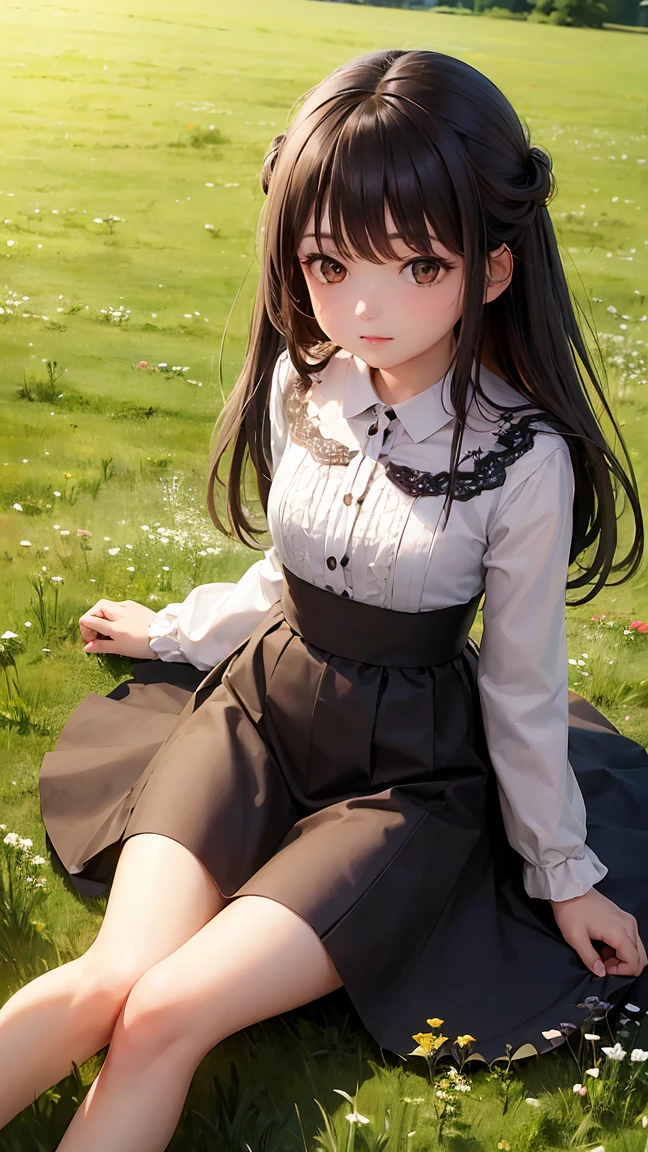 A girl on a meadow,Brown and black medium hair,Many stars shining in the wide sky,Shining Star,milky way,full moon,I look up and see,Wildflowers are in full bloom,Pure World,masterpiece,Highest quality,最高masterpiece,Detailed anime art,Digital Art,