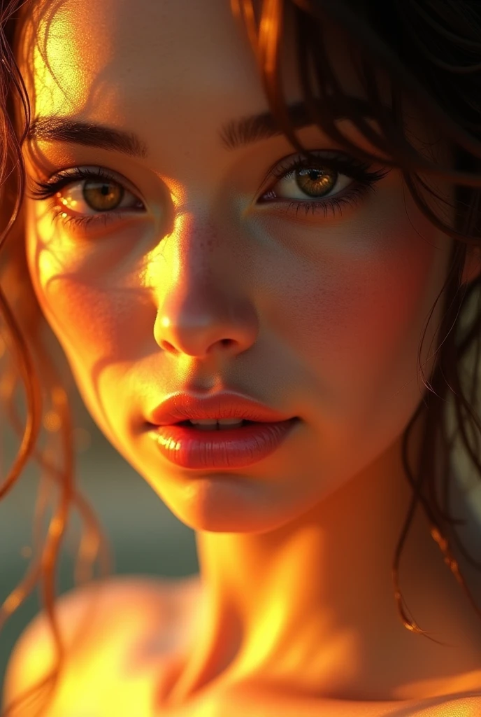 Hyperrealistic portrait of a beautiful lady, her skin bathed in warm orange hues, intricate details in facial features, soft lighting, hyperdetailed, vibrant contrast."