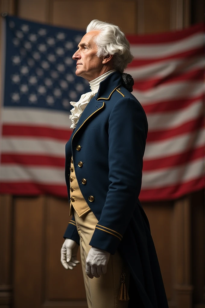 george washington stand position like Hero of us with background side us flag