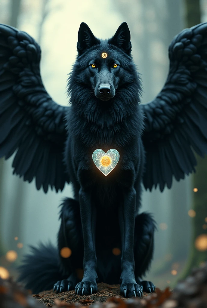 Black Siberian wolf with wings.
 A seal of a small sun on the forehead.
And a little glass heart on the knitted chest.


