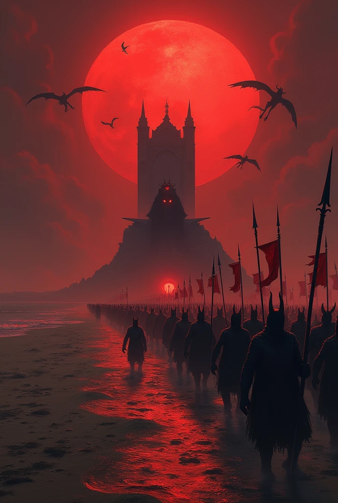 Create a background with a top-down view of an army of monsters advancing across a beach with long spears and war banners. It is midnight and the moon is rising. In the background there is a giant throne with a demon sitting on it while his eyes shine and watch his army advance., The moon is red and the river is red, In the sky there are dragons and other demons women with wings