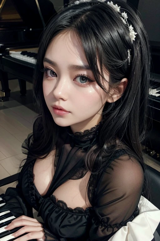 Big Tits,Big Ass,

Costume: The black dress features a piano key motif.、Black and white keyboard lace added to sleeves and hem。A black shawl draped over one&#39;s shoulders。
	• Makeup: Paint your face white、Add black lines around the eyes to resemble a keyboard.。The lips are black、Gives a glossy piano-like texture。Her hair is black and straight.、Keep it simple。