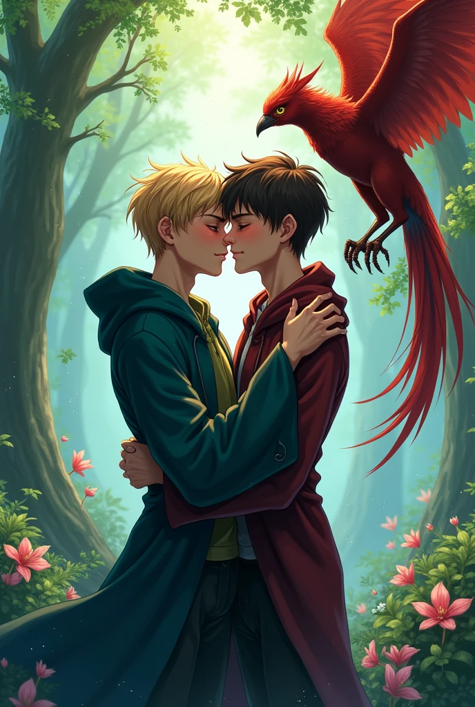 Two male agers are kissing and they are wizards. The male teen on the left is black and has blond hair.. His eyes are yellow and he is in Slytherin.. The male teenagerthe right has dark skin with brown hair and red eyes.. He's a Ravenclaw. They are in a magical garden, kissing passionately because they are having a magical encounter. Next to the Slytherin boy is a phoenix. The image must be in anime.