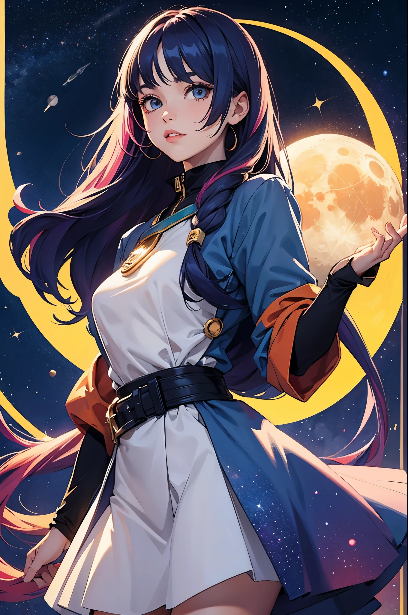 Girl with long and colorful hair, upper body, holding the moon, space